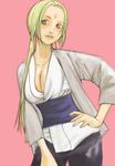  blonde_hair breasts cleavage facial_mark forehead_mark hand_on_hip hips japanese_clothes kazaana long_hair naruto red_eyes solo tsunade 