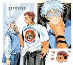  2boys 308albi ? alternate_form arm_tattoo bespectacled black_nails blue_sweater_vest book cheek_squash chibi chibi_inset dress_shirt glasses gojou_satoru halo heart highres holding holding_book jujutsu_kaisen multiple_boys muscular muscular_male ryoumen_sukuna_(jujutsu_kaisen) shirt short_sleeves sweater_vest t-shirt tattoo textbook white_hair white_shirt yaoi 