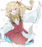  1girl :d absurdres bird blonde_hair blush bow bowtie center_frills commentary_request cowboy_shot dove flandre_scarlet frills hair_ribbon highres long_hair long_sleeves looking_at_viewer open_mouth outstretched_arm pleated_skirt puffy_long_sleeves puffy_sleeves red_eyes red_ribbon red_skirt red_vest ribbon shirt simple_background skirt smile solo tamagogayu1998 touhou vest white_background white_bird white_shirt yellow_bow yellow_bowtie 