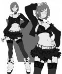  1girl absurdres alternate_costume antenna_hair arm_up asymmetrical_bangs bra choker commentary contrapposto cowboy_shot cropped_jacket eyepatch full_body garter_straps greyscale hand_in_own_hair hand_on_own_head highres jacket jujutsu_kaisen kekel kugisaki_nobara lace lace-trimmed_bra lace_choker lace_thighhighs lace_trim leg_warmers medical_eyepatch midriff monochrome multiple_views navel off-shoulder_jacket off_shoulder open_clothes open_jacket short_hair simple_background skirt standing thighhighs underwear white_background 
