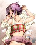  arm_up armpits bare_shoulders blush breasts brown_eyes character_request collarbone cuvie dress_shirt finger_to_mouth lying medium_breasts midriff nightmare_maker no_panties on_back open_mouth photo_(object) plaid pleated_skirt purple_hair shirt shirt_lift short_hair skirt skirt_lift solo tank_top undressing white_shirt 