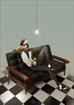  bracelet brown_eyes brown_hair cabbie_hat checkered checkered_floor delavie facial_hair hat highres jewelry kaburagi_t_kotetsu light_bulb male_focus necktie ring sitting solo stubble tiger_&amp;_bunny vest waistcoat watch wedding_band wristwatch 