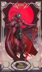  1boy antennae armor belt cape card card_(medium) compound_eyes english_text full_body giganticbrush gloves green_eyes helmet highres holding holding_sword holding_weapon kamen_rider kamen_rider_black_(series) kingstone male_focus moon official_alternate_color planted planted_sword red_armor red_eyes rider_belt roman_numeral satan_saber shadow_moon solo standing sword tarot tarot_(medium) tarot_card the_moon_(tarot) tokusatsu weapon 