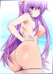  ass black_panties blue_eyes breasts female head_pones headphones large_breasts long_hair looking_back megurine_luka nipples outdoors outside panties panty_pull perky_breasts profile purple_hair ryuu_ryuu solo standing swimsuit topless underwear undressing vocaloid water 