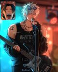 2boys aliyartss band_shirt belt_buckle black_hair black_tank_top broad_shoulders buckle collarbone ear_piercing eyewear_on_head fan_screaming_at_madison_beer_(meme) fish_tattoo flower_tattoo getou_suguru gojou_satoru guitar highres holding holding_guitar holding_instrument holding_microphone instrument jewelry jujutsu_kaisen led_zeppelin male_focus medium_hair meme merchandise microphone multiple_boys music necklace open_mouth piercing pisces_(symbol) round_eyewear screaming short_hair shoulder_tattoo singing sparkle spotlight sunglasses tank_top tattoo teeth toned toned_male white_hair 