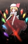  blonde_hair dress flandre_scarlet hat highres polearm r_star red_eyes ribbon skirt_hold smile solo spear star_(sky) touhou weapon wings 