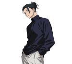 1boy aged_down alternate_costume black_sweater casual closed_mouth cowboy_shot getou_suguru hair_bun hands_in_pockets highres jujutsu_kaisen male_focus pants plug_(piercing) short_hair simple_background solo sweater turtleneck turtleneck_sweater v0idzenin white_background white_pants 