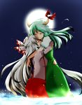  closed_eyes dress ex-keine fujiwara_no_mokou full_moon green_hair hand_on_head horns hug ifuji_sakura kamishirasawa_keine long_hair moon multiple_girls night pants silver_hair suspenders tail touhou very_long_hair 