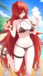  1girl absurdres alternate_costume beach bikini blue_sky breasts cake cake_slice cleavage cloud commentary elesis_(elsword) elsword flame_lord_(elsword) food food_on_face fork hair_over_one_eye highres holding holding_fork holding_plate large_breasts long_hair looking_at_viewer mixed-language_commentary naze236 ocean plate red_eyes red_hair sand sandals sky solo standing standing_on_one_leg swimsuit toenails toes very_long_hair water 