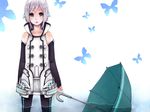  androgynous black_legwear bug butterfly coat detached_sleeves earphones green_eyes grey_hair insect male_focus open_mouth pantyhose petarou solo tears umbrella utatane_piko vocaloid water white_background white_hair 