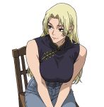  1girl blonde_hair blue_pants breasts brown_eyes chair eyelashes hair_intakes highres jujutsu_kaisen large_breasts long_hair on_chair pants simple_background sitting smile solo tsukumo_yuki v0idzenin white_background 