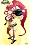  belt bikini_top breasts ferazhin fingerless_gloves flame_print gloves hair_ornament long_hair medium_breasts navel perspective ponytail red_hair scarf short_shorts shorts solo studded_belt tengen_toppa_gurren_lagann thighhighs yellow_eyes yoko_littner 