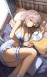  1girl absurdres babydoll bare_arms bare_shoulders bed blue_babydoll blue_bow blue_choker blue_shorts blue_socks bow breasts choker cleavage commentary curtains frilled_shorts frilled_thigh_strap frills from_above green_eyes grey_hair highres hololive khan_0204 large_breasts long_hair lying navel on_bed on_side open_mouth pillow ribbon_choker shirogane_noel shirogane_noel_(9th_costume) short_shorts shorts smile socks solo spaghetti_strap stomach thigh_strap thighs virtual_youtuber 