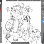  2girls animal_ears arknights art_program_in_frame bang_dream! bang_dream!_it's_mygo!!!!! breasts commentary dog_ears dog_girl extreme_yuri_buta hair_ribbon hat heart highres horns hug hug_from_behind long_hair medium_breasts medium_hair misumi_uika misumi_uika_(caged_singer) multiple_girls ribbon sidelocks symbol-only_commentary togawa_sakiko togawa_sakiko_(master_of_melodia) unfinished white_background wrist_cuffs yuri 