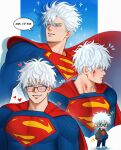  1boy aliyartss blue_eyes chibi chibi_inset clark_kent clark_kent_(cosplay) cosplay dc_comics english_text glasses gojou_satoru grin highres jujutsu_kaisen meme multiple_views muscular muscular_male nah_i'd_win_(meme) scuffed short_hair smile sparkle superhero_costume superman superman_(cosplay) superman_(series) twitter_username white_hair 