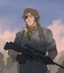 1boy assault_rifle black_gloves brown_hair camouflage_headwear commentary eyepatch gloves grey_jacket gun gundam gundam_00 headset holding holding_gun holding_weapon huangdanlan jacket lockon_stratos male_focus military_uniform rifle sky solo weapon 