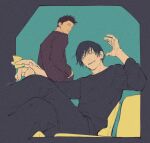  1boy 2boys black_hair black_pants black_shirt black_sweater fushiguro_touji highres jujutsu_kaisen male_focus mim_(mimya0600) multiple_boys pants scar_on_lip shirt shiu_kong short_hair sitting solo sweater 