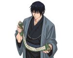  1boy abs black_eyes black_hair black_kimono fushiguro_touji highres holding holding_scroll japanese_clothes jujutsu_kaisen kimono large_pectorals male_focus muscular muscular_male pectorals scar_on_lip scroll short_hair simple_background solo upper_body v0idzenin white_background 