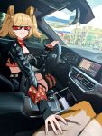  2girls absurdres black_jacket black_skirt black_thighhighs blonde_hair breasts building burnice_white car car_interior car_seat cleavage crop_top day driving eyewear_on_head furry furry_female highres jacket large_breasts left-hand_drive looking_at_viewer motor_vehicle multiple_girls photo_background pov ppangchil pulchra_fellini real_world_location rear-view_mirror red-tinted_eyewear red_eyes seatbelt skirt smile spiked_jacket steering_wheel sunglasses thigh_grab thighhighs tinted_eyewear twintails vehicle_interior yellow_fur zenless_zone_zero 