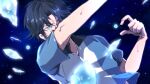  1boy atobe_keigo black_hair blue_background blue_eyes commentary_request highres looking_ahead male_focus midriff_peek nemuridake one_eye_covered outstretched_arm shards short_hair short_sleeves solo sweat tennis_no_ouji-sama 