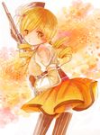  bad_id bad_pixiv_id beret blonde_hair breasts brown_legwear corset detached_sleeves drill_hair fingerless_gloves gloves gun hair_ornament hairpin hat ichitaro large_breasts magical_girl magical_musket mahou_shoujo_madoka_magica musical_note orange_(color) orange_background orange_skirt pleated_skirt puffy_sleeves ribbon rifle shirt skirt solo striped striped_legwear taut_clothes taut_shirt thighhighs tomoe_mami twin_drills twintails vertical-striped_legwear vertical_stripes weapon yellow_eyes zettai_ryouiki 