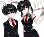  1boy 1girl :o alcohol alternate_costume animal_ears antenna_hair arm_at_side bad_id bad_twitter_id black_eyes black_hair black_jacket black_leotard black_pants black_vest blush breasts bright_pupils buttons champagne champagne_flute collarbone collared_shirt cowboy_shot crossdressing crossdressing_(ftm) crossdressing_(mtf) cup detached_collar double-parted_bangs drinking_glass dual_persona empty_eyes fake_animal_ears fake_tail genderswap genderswap_(mtf) hair_between_eyes hair_ornament hairclip hand_up highres holding holding_tray inactive_account jacket lapels leotard looking_at_viewer low_twintails medium_breasts medium_hair mizu_n1 necktie no_pupils notched_lapels omori pants parted_lips playboy_bunny rabbit_ears rabbit_tail red_necktie shaded_face shirt short_hair simple_background sunny_(omori) tail tray twintails upper_body very_short_hair vest white_background white_pupils white_shirt white_tail 