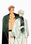  2boys 308albi abs black_scarf blue_eyes collarbone cowboy_shot eyelashes gojou_satoru highres japanese_clothes jujutsu_kaisen kimono large_pectorals looking_at_another male_focus multiple_boys muscular muscular_male pants pectorals red_hair ryoumen_sukuna_(jujutsu_kaisen) ryoumen_sukuna_(true_form)_(jujutsu_kaisen) scarf simple_background white_background white_hair white_kimono white_pants 
