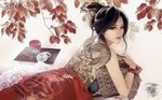  back back_tattoo bed_sheet black_hair dragon dragon_tattoo earrings eastern_dragon full_body_tattoo hair_ornament highres jewelry jian_xia_qing_yuan jian_xia_qing_yuan_online_3 leaf lips lying naked_sheet official_art on_stomach realistic solo tattoo third-party_edit topless wallpaper zhang_xiaobai 