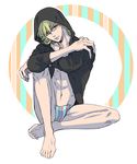  barnaby_brooks_jr blonde_hair glasses green_eyes hood hoodie jewelry katou_setsuko male_focus male_swimwear necklace solo striped swim_briefs swimwear tiger_&amp;_bunny vertical_stripes 