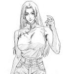  1girl breasts greyscale hair_intakes highres jujutsu_kaisen large_breasts long_hair monochrome simple_background sketch smile solo tsukumo_yuki v0idzenin white_background 