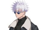  1boy alternate_costume blue_eyes closed_mouth colored_eyelashes gojou_satoru highres jacket jujutsu_kaisen male_focus round_eyewear simple_background spiked_hair sunglasses two-sided_fabric two-sided_jacket upper_body v0idzenin white_background white_eyelashes white_hair 