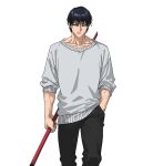  black_eyes black_hair black_pants black_sclera closed_mouth collarbone colored_sclera cowboy_shot fushiguro_touji hand_in_pocket highres holding holding_staff jujutsu_kaisen muscular muscular_male pants scar_on_lip short_hair simple_background staff sweater v0idzenin white_background white_sweater 
