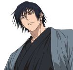  1boy black_hair black_kimono fushiguro_touji grey_eyes highres japanese_clothes jujutsu_kaisen kimono male_focus muscular muscular_male portrait scar_on_lip short_hair simple_background solo v0idzenin white_background 