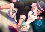  bad_id bad_pixiv_id black_legwear blue_eyes blush boots cobblestone convenient_leg cornet_mariveninne dutch_angle green_eyes hat heterochromia komone_ushio original pantyhose pink_hair sitting solo sweatdrop top_hat 