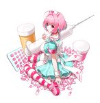  1girl apron aqua_dress armband blister_pack blush breasts dress fingernails hat heart heart_print highres idolmaster idolmaster_cinderella_girls idolmaster_cinderella_girls_starlight_stage large_breasts matmaj medium_hair nail_polish nurse_cap pill pill_bottle pink_armband pink_eyes pink_hair pink_nails pink_shoes pink_thighhighs shoes simple_background smile solo sparkle_print striped_clothes striped_thighhighs syringe thighhighs white_apron white_background winged_shoes yumemi_riamu 