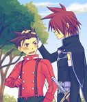  2boys age_difference akagi_haruna akaki blush brown_eyes brown_hair father_and_son hand_in_hair kratos_aurion lloyd_irving lowres multiple_boys red_eyes red_hair short_hair smile spiked_hair spiky_hair sword tales_of_(series) tales_of_symphonia tree weapon 