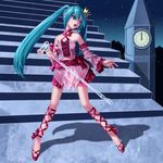  aqua_eyes aqua_hair chain clock clock_tower crown detached_sleeves hatsune_miku long_hair midriff open_mouth ren-chan ribbon romeo_to_cinderella_(vocaloid) skirt solo stairs tower twintails very_long_hair vintage_dress_(module) vocaloid 