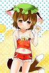  alternate_costume animal_ears bare_shoulders blush brown_eyes brown_hair camisole cat_ears cat_tail chen earrings hat jewelry midriff multiple_tails navel shorts smile solo strap_slip tail takamoto_akisa touhou 