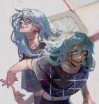  2boys blue_eyes blue_hair clone closed_mouth dual_persona finger_touching hair_between_eyes heterochromia jujutsu_kaisen kkrmcmc long_hair mahito_(jujutsu_kaisen) male_focus multiple_boys open_mouth smile stitched_arm stitched_face stitched_neck stitches teeth 