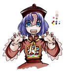  bird blue_eyes crane_(animal) fingernails hat highres jiangshi milksea miyako_yoshika ofuda open_mouth outstretched_arms purple_hair sharp_teeth solo teeth touhou transparent_background upper_body 