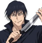  1boy black_hair black_jacket evil_grin evil_smile fushiguro_touji grin highres holding holding_knife jacket jujutsu_kaisen knife male_focus muscular muscular_male scar_on_lip short_hair simple_background smile solo v0idzenin white_background 
