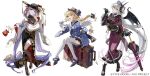  3girls bat_wings bb_(fate) bb_dubai_(fate) black_hat black_leggings blonde_hair braid braided_ponytail breasts carimarica dango demon_horns dress fate/grand_order fate_(series) food gloves gradient_hair green_eyes hat holding holding_umbrella horns japanese_clothes jeanne_d'arc_(fate) large_breasts leggings lilith_(fate) long_hair metatron_jeanne_(fate) multicolored_hair multiple_girls official_art pink_hair purple_eyes purple_hair suitcase umbrella very_long_hair wagashi white_gloves white_hair white_leggings wings yellow_eyes 