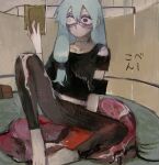  1boy blue_hair book closed_mouth dot_mouth food heterochromia holding holding_book jujutsu_kaisen kkrmcmc long_hair low-tied_long_hair mahito_(jujutsu_kaisen) male_focus meat sitting solo stitched_arm stitched_face stitched_neck stitches 