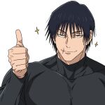  1boy black_hair collarbone fushiguro_touji highres jujutsu_kaisen male_focus muscular muscular_male scar_on_lip short_hair simple_background solo sparkle thumbs_up tight_clothes v0idzenin white_background 