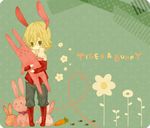  animal_ears bad_id bad_pixiv_id barnaby_brooks_jr blonde_hair boots bow bunny bunny_ears carrot chibi flower footprints glasses green_eyes jacket jewelry kemonomimi_mode male_focus necklace red_jacket solo stuffed_animal stuffed_bunny stuffed_toy tiger_&amp;_bunny xxszk 