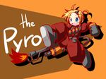  blonde_hair blue_eyes bodysuit flamethrower flat_chest gloves ichidai_taisa short_hair solo team_fortress_2 the_pyro weapon 