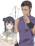  1boy 1girl :/ armpit_crease black-framed_eyewear black_hair blunt_bangs brown_eyes brown_hair closed_mouth commentary crossed_arms dark-skinned_male dark_skin glasses grey_sailor_collar hair_bun hand_on_own_chin highres kite_eishirou long_hair looking_at_another love_live! love_live!_sunshine!! neckerchief nigauri purple_shirt sailor_collar school_uniform semi-rimless_eyewear serafuku shared_thought_bubble shirt short_hair short_sleeves simple_background single_side_bun sleeveless sleeveless_shirt speech_bubble summer_uniform sweatdrop symbol-only_commentary tennis_no_ouji-sama thought_bubble tsushima_yoshiko under-rim_eyewear upper_body very_short_hair white_background white_shirt yellow_neckerchief zipper 