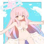  1girl bikini blue_archive blush breasts choker cross_halo feathered_wings frilled_bikini frills gradient_halo halo highres large_breasts long_hair looking_at_viewer low_wings mika_(blue_archive) mika_(swimsuit)_(blue_archive) multicolored_halo official_alternate_costume pink_hair pink_halo solo swimsuit user_wyxr8822 white_bikini white_choker white_wings wings yellow_eyes yellow_visor 