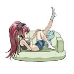  bad_id bad_pixiv_id breasts cometch couch food lying mahou_shoujo_madoka_magica medium_breasts midriff ponytail popsicle profile red_eyes red_hair sakura_kyouko short_shorts shorts socks solo underboob white_legwear 