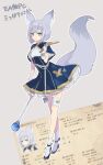 1girl animal_ears bell blue_dress blue_eyes boomerang commentary_request dress elin_(game) frills full_body game_screenshot_inset grey_background holding holding_boomerang holding_staff large_tail naitou_(lr_7110) original outline short_dress short_hair signature solo staff tail thigh_strap white_outline 